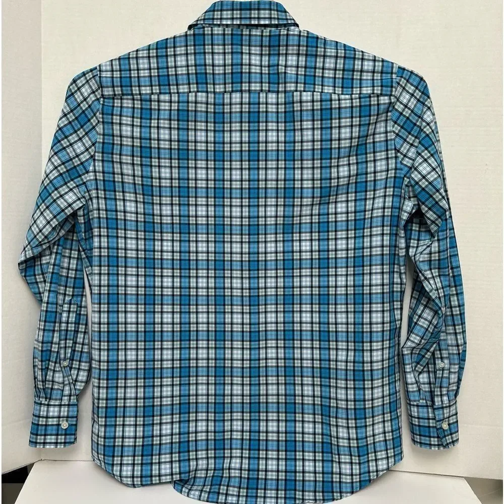 Peter Millar Summer Comfort Polyester Blue‎ Plaid Long Sleeved Size Large